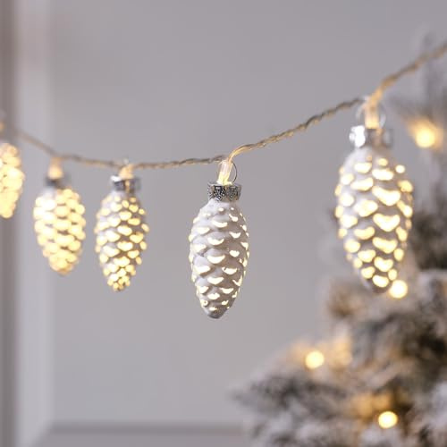Lights4fun Tannenzapfen-Lichterkette Weihnachten | batteriebetrieben & mit Timer | aus Glas | mit 10 warmweißen LEDs | Weihnachtsbaum Weihnachtsbeleuchtung für Innen | Silber/Weiß
