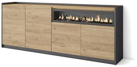Skraut Home | Aparadores para salón | Gran Capacidad de almacenaje | 207x80x37 cm | 4 Puertas | Chimenea eléctrica | Estilo Moderno | Roble y Negro