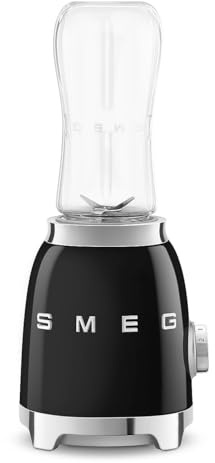 Smeg, Mini-Blender PBF00BLEU, 2 Niveaux de Vitesse, Blocage Moteur de Sécurité, 1 Bouteille de 600 ml Fournie, Base Antidérapante, Range cordon Intégré, 300W, Noir