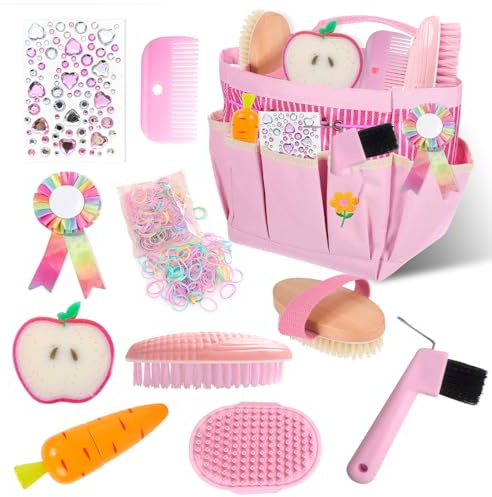 Cassetta per la pulizia del cavallo per bambini, set per la cura dei cavalli con spazzola massaggiante, pettine per criniera, raschietto per zoccoli, spugna per cavalli, rosa per ragazze, regalo per