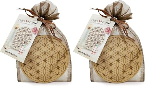 ZirbenFamilie Karaffen-Untersetzer Blume des Lebens 110 mm • Duftender Ablageteller aus ZirbenHolz • EIN Produkt der ZirbenFamilie - bekannt aus dem Fachhandel & der Hotellerie (Packung mit 2)