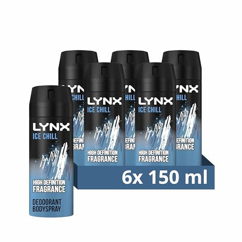 Lynx Men Ice Chill Deodorant Body Spray for 48 hours of odour-busting, high definition fragrance, with an iced mint & lemon scent 150 ml, Pack of 6