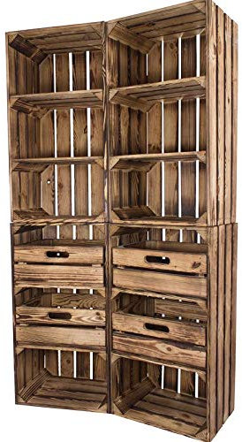 Moooble 4er Paket geflammt 2X Holzkiste mit Schublade 2X ohne 68x40x31cm schmal Regal Obstkisten Weinkisten Apfelkisten groß Bücherregal Holzregal