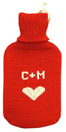 Wärmflasche, 100 % Merinowolle, gestrickt, Gummi, Rot / Weiß mit Herz