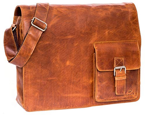 ALMADIH Leder XL Aktentasche LOGAN Premium Rindsleder BD – 17 “ Laptoptasche Business Umhängetasche Unitasche Herren Unisex Messenger Arbeitstasche Schultertasche Dokumententasche braun (LOGAN deluxe)
