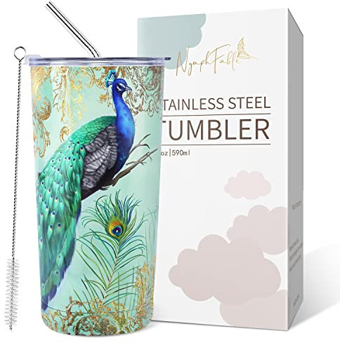 NymphFable 20oz Pfau Becher Thermobecher mit Deckel und Strohhalm Edelstahl Kaffeebecher to go Geschenke für Frauen