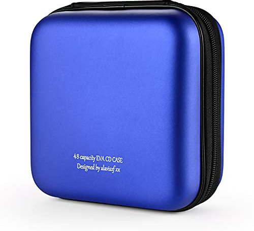 KUOCDSIK CD Tasche, 48 Kapazität Hart EVA Blu-ray CD-Brieftasche Doppelreißverschluss Handschlaufe Tragbare Disc Organizer DVD Hülle für Autofahrten (48 Kapazität, Blau48)