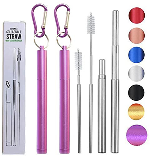 Hoshen wiederverwendbarer dreiteiliger faltbarer Metallstrohhalm, tragbarer Outdoor-Teleskopstroh, einschließlich Strohbürste und kleinem Kletterhaken (Metallschale), Rosa，2 Packungen