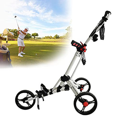 ZhiLianZhao 3-Rad Golftrolley Klappbar, Small Folding and Lightweight Golf Trolley, Ergonomie, Bequem, Zusammenklappbar, Leise und Verschleißfest, Schirmständer,Weiß