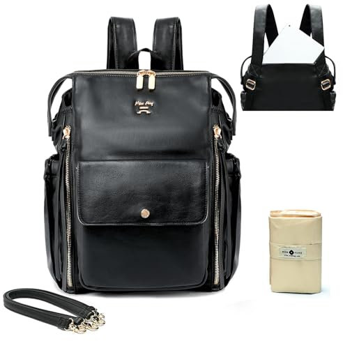 MISS FONG Wickelrucksack Wickeltasche Rucksack Groß Baby Rucksack Kinderwagen Mom Mummy Bag Leder Windeltasch Mit Wickelunterlage Unterwegs Schwarz Lässig Schwarz