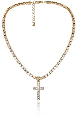 Skcess Hip Hop Kette, Kette Gold Elegant Vergoldet Strass Kreuz Geburtstagsgeschenk Frauen Halskette