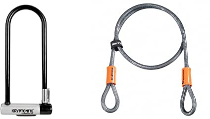 Kryptonite KryptoLok Long Shackle U-Lock - Black/Silver & Kryptoflex Cable with Double Loop Bike Lock Security, 10mm x 120cm, Silver/Orange