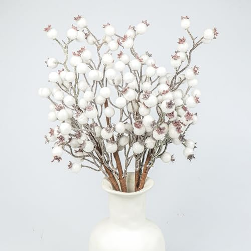 Fangoo 6 Stück weiße Beerenstiele für Weihnachten, 39 cm, künstliche weiße Beeren, Burgunderrot, glänzende Beerenspieße, Stechpalmenbeeren, Zweige für Weihnachtsbaumschmuck, Basteln