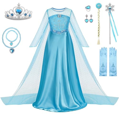 WIOLETA Costume de princesse pour fille avec couronne, robe Elsa pour enfant, baguette magique, tresse artificielle, boucles d'oreilles, bague, collier, bracelet, gants