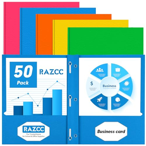 Two Pocket Folders, RAZCC 50 Pack Two Pocket Folders with Prongs, 3 Prong Folders Fit Letter Size Paper, Pocket Paper File Folders for School Office Home Business, Assorted 5 Colors