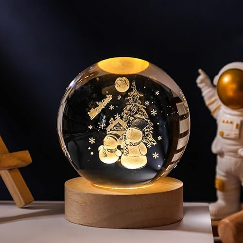 ACAREY Weihnachtsdeko LED Herbstdeko Schneemann Dekoleuchte Kristallkugel Kristall Figure, Holz Deko Figuren Personalisiertes Geschenk für Frauen und Männer Geschenkidee Zu Weihnachten, Geburtstag