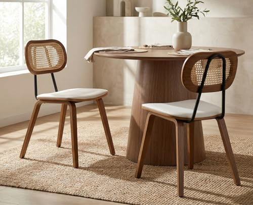 HEAH-YO Modern Dining Chairs Set of 2, Upholstered Faux Leather Dining Room Chairs with Rattan Backrests and Wood Legs, Armless Kitchen Chairs for Dining Room, Beige
