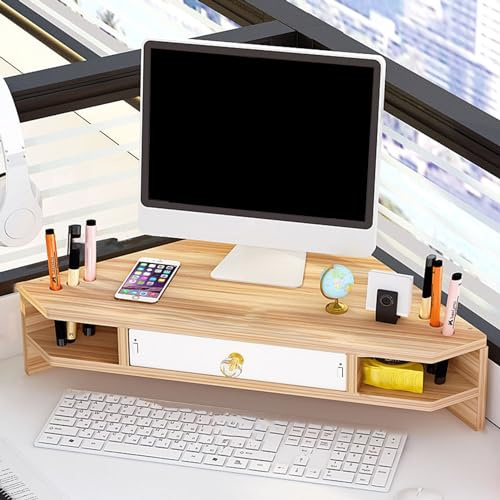 Rehausseur Ecran Support de Moniteur Triangulaire, Étagère D'angle en bois avec Tiroir et Porte-stylo, Support D'ordinateur de Bureau pour Économiser de L'espace, Élévateur D'angle ( Color : Brown )