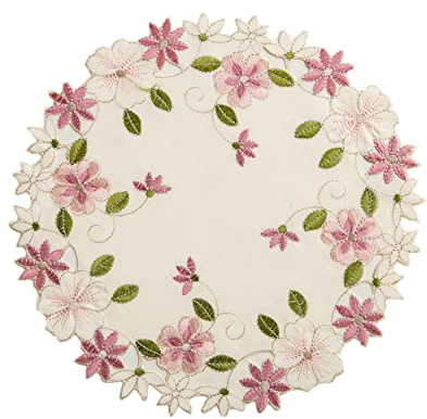 2pack Round lace Doilies,Yellow Blue Floral Cutwork Embroidered Placemats Vase Pads for Wedding Birthday Dinner Party Decor (Round11.8inch, Pink Flower)