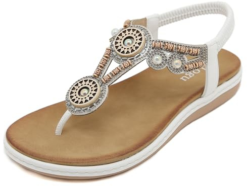 FOGOIN Sandales Femme Plage Tong Bohème Chaussures Plate Été,40 EU,Blanc