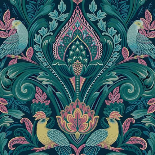 Arcadia Naturistic Pink Wallpaper - Botanical Birds Leaves Teal Modern - Textured Paste The Wall Vinyl