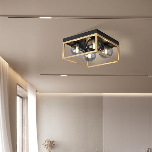 lux.pro Plafoniera con 4 Paralumi Sferici in Vetro Fumé Telaio Rettangolare color Oro Lampada da Soffitto Moderna per Salotto Ingresso Camera da Letto