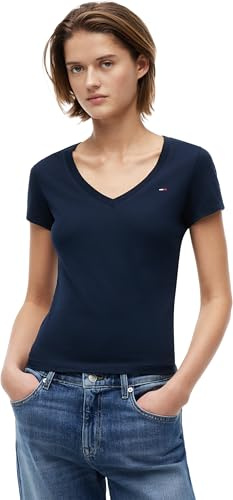 Tommy Jeans Camiseta de Manga Corta para Mujer Slim Essential Rib Cuello de Pico