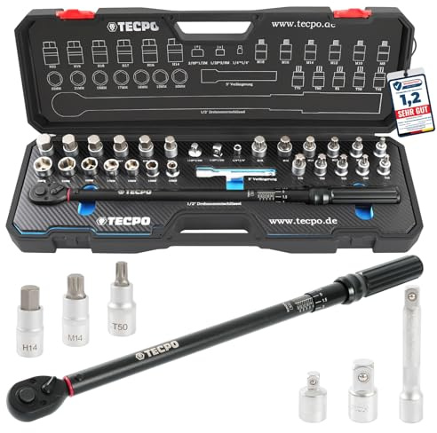 TECPO Drehmomentschlüssel Set 1/2 Zoll, 50-350 Nm, 72 Zähne Mechanik, kalibriert, hohe Präzision von ±3%, im Systemkoffer, Schlüssel Bit Verlängerung Nuss für Reifen, Montage, Auto, Motorrad, LKW