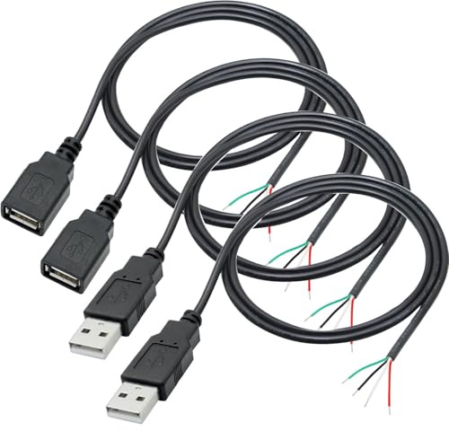 RUNCCI-YUN 4 Pieces USB A Pigtail Kabel 5V / 2A USB 2.0 Power blankes Kabel Pigtail 28 AWG USB 2.0 Plug Socket 4-Pin löten 5V Data Line for USB Devices Repair DIY Cable (100 cm)