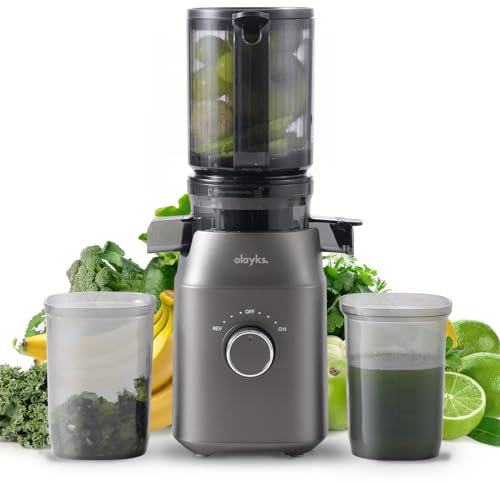 Olayks - Exprimidor de prensa en frío con canal de alimentación grande de 4.3 pulgadas para frutas y verduras enteras, máquina de masticar con receta de jugo, autoalimentación sin esfuerzo para jugos