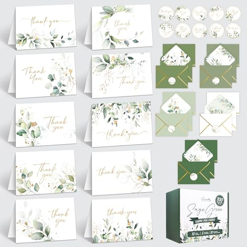 Decorably 100 Pack Gold-Foiled 6x4in Sage Green Thank You Cards with Envelopes, 10 Elegant Designs Folded Eucalyptus Thank You Cards with Envelopes, Blank Inside - Wedding, Bridal Shower, Baby Shower
