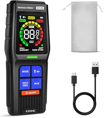 KENMIC Feuchtigkeitsmessgerät für Wände, Stiftlose Feuchtigkeitsmesser mit LCD-Anzeige und Akustischem Alarm, Holzfeuchtigkeitsmessgerät für Holz oder Baustoffe, 4 Modi, Erkennung bis 19 mm Tiefe
