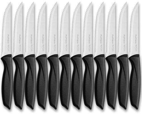 Ruffulon Steakmesser-Set,12-teilig Profi Steak Messer Set mit Polierte Wellenschliff,Silber Steak messerset aus Edelstahl,Scharfe Klinge Küchenmesser Set,Robuster Kunststoffgriff,Spülmaschinenfest