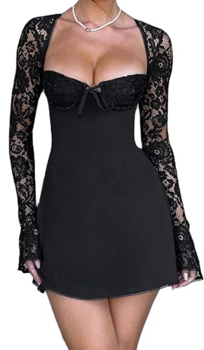 LYSINK Women Mini Lace Dress Low-Cut Lace Floral Long Sleeve Backless Lace Up Bodycon A-Line Short Dress Cocktail Streetwear