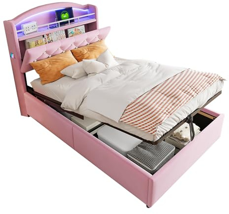 Azkoeesy LED-Bett mit Stauraum, 90 x 200 cm, Polsterbett mit Bettkasten und Stauraum von Kopfteil, Ablage, Kristalldekoration, Flanell, für Kinder und Mädchen, Rosa