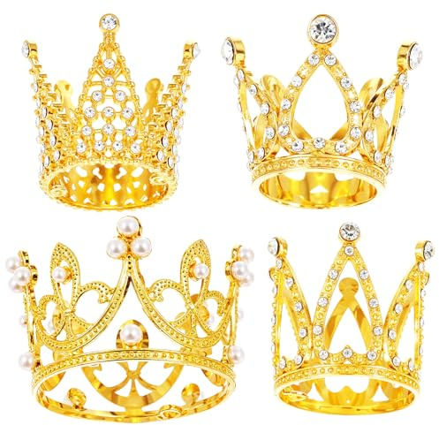 Apausvcm 4 Stück Mini Krone Kuchen Topper Gold Krone Tortenaufsatz | Prinzessin Krone Cake Topper Deko,Kuchendekoration Perle Goldene Krone,für Braut Hochzeit Royal Thema Geburtstag Party