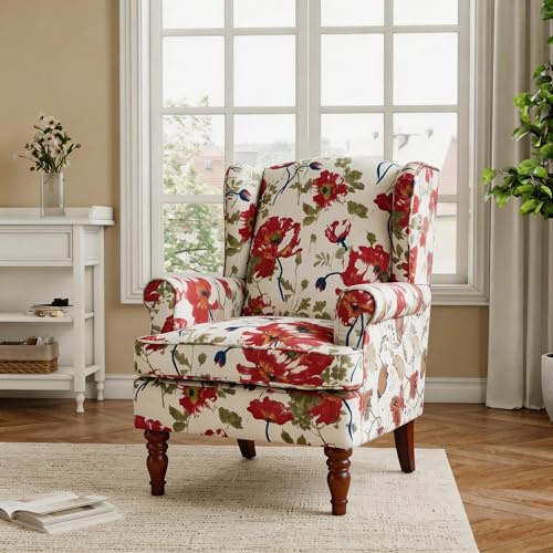 AZRBOPO Wingback Armchair, Retro Accent Chair Soft Padded Fabric Lounge Padded Sofa, Retro Vantage Leisure Armchair for Living Room Bedroom - Solid Wood Frame - Red