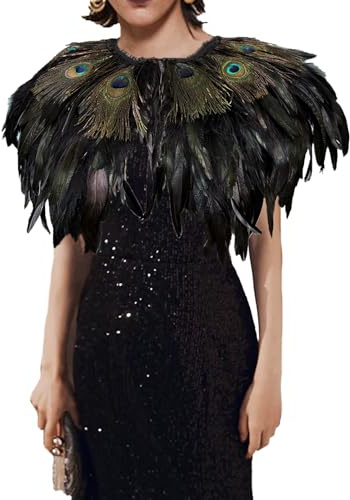 Yoodeet Handgemachte Feder Schal Pfau Feder Cape Kragen, schwarze Federn mit irisierenden Augen, Gothic Kostüm Zubehör Vielseitige Kopfstück Braut Zubehör Theaterkostüm