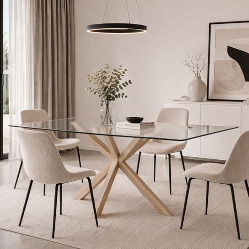 Yellowshop | Tavolo Rettangolare YAML160x90 cm cm – Piano in Vetro Temperato e Struttura in Acciaio Effetto Legno Naturale, Design Moderno per Sala da Pranzo e Soggiorno