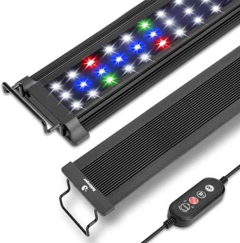 Akvariebelysning, akvarium fullt spektrum LED-belysning, 10 justerbara ljusstyrkenivåer, 45 W 24/7 ljusläge i alla väder, med infällbart stativ för akvarier storlek 85–114 cm
