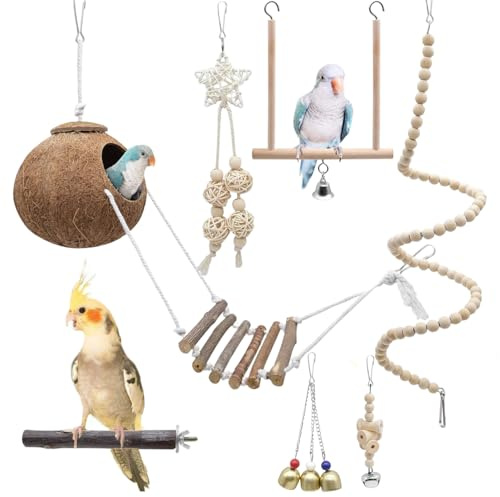 Bssowe 7 Pièces Jouets pour Oiseaux, Jouets à Mâcher pour Oiseaux, Bois Perchoir Perroquet, Balançoire à Mâcher, Hamac d'escalade pour Perruche pour Perroquets, Perruches,Petite Aras