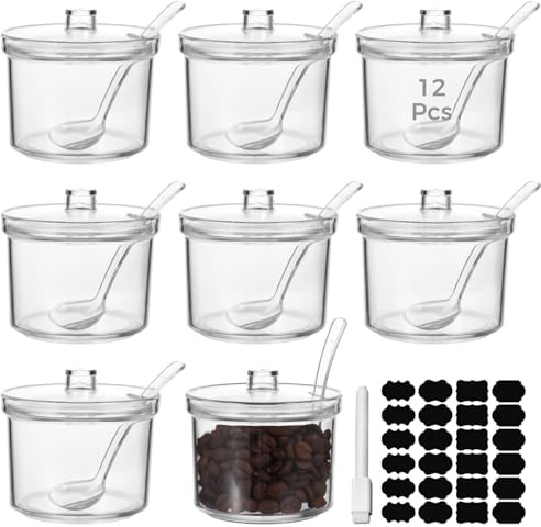 Lot de 12 boîtes à sucre acrylique de 200 ml avec cuillère et couvercle, sucrier transparent pour épices, thé, café, 24 étiquettes et stylo