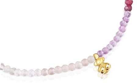 TOUS Pulsera Elástica para Mujer con Baño de Oro 18 Kt sobre Plata de Primera Ley y Gemas Rosadas, Colección Bold Bear Chain