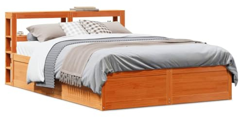 Emmtore Massivholzbett, Holzbett Bett mit Kopfteil Bettgestell Bettrahmen mit Lattenrost, Doppelbett Einzelbett für Schlafzimmer, Kiefer Wachsbraun,140 x 200 cm