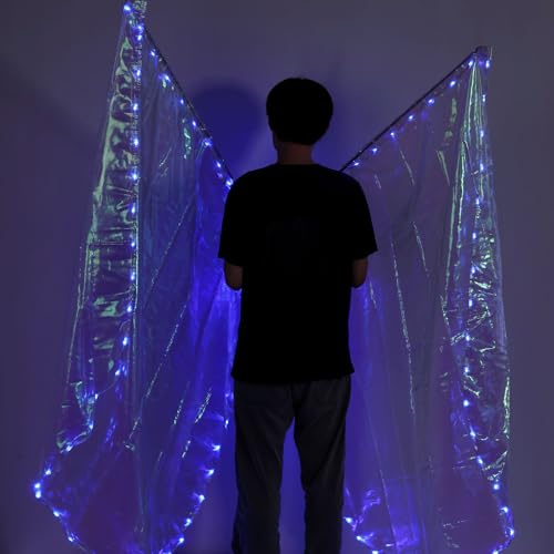 2 banderas semicirculares de adoración, 136 x 140 cm, con varillas escalables, pancartas de adoración brillantes metálicas, alas de ángel brillantes, accesorios de baile cristianos (luz azul)