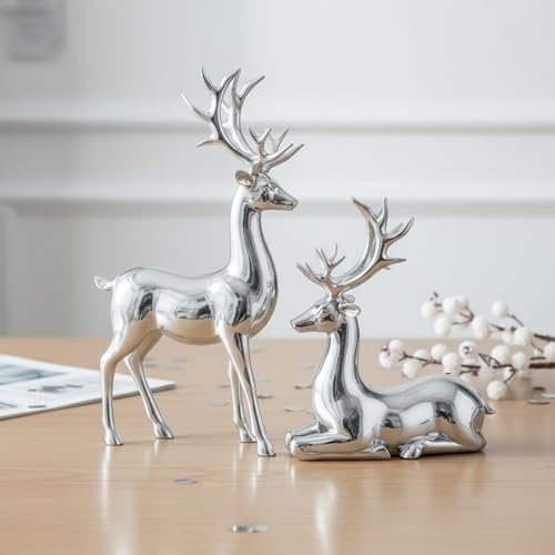 Ferricult Reindeer Christmas Decorations Set of 2, Silver Christmas Deer Decor for Indoor Home, Standing and Sitting Deer Figurines, Décor Maison