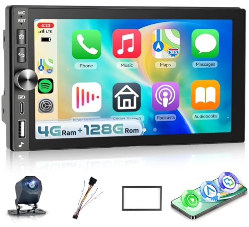 【4G+128G】 Hodozzy trådlös Carplay bilradio 2 Din med USB Type-C, 7-tums Incell-skärm Android Bluetooth bilradio med Android Auto/DSP/WiFi/RDS/FM/SWC/backkamera