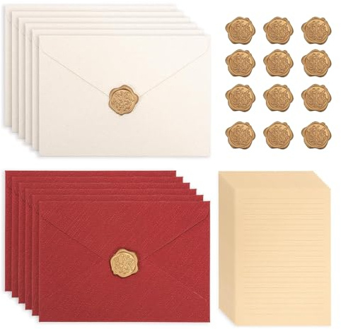 44 Stück Briefpapier mit Umschlag Briefpapier Vintage Papier Set mit 12 Umschläge 12 Wachssiegel Aufkleber Selbstklebend 20 A5 Vintage Papier Kraftpapier Umschläge für Liebesbrief Hochzeits Einladung
