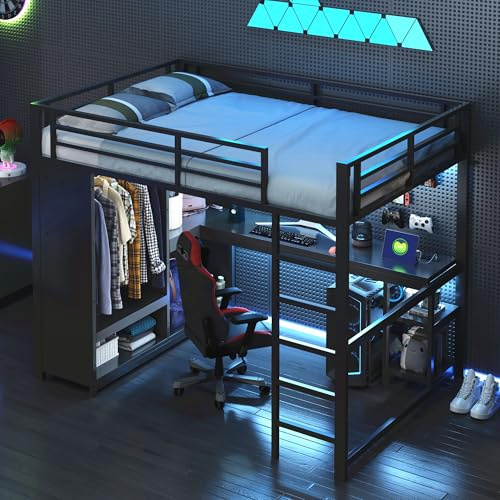 Moimhear Metall-Gaming-Hochbett mit LED, Schreibtisch, offenem Kleiderschrank und Ablagefächern, Schwarz, (140x200CM)