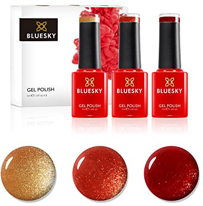 Bluesky Gel Polish, Gel Nagellack Set, Burnt Crystals. Red Glimmer A001, Frosty Gold Jq09, Burnt Sienna Sj19. 3 x 5 ml Orange, Braun, Glitzer, Rot er Pack(x)
